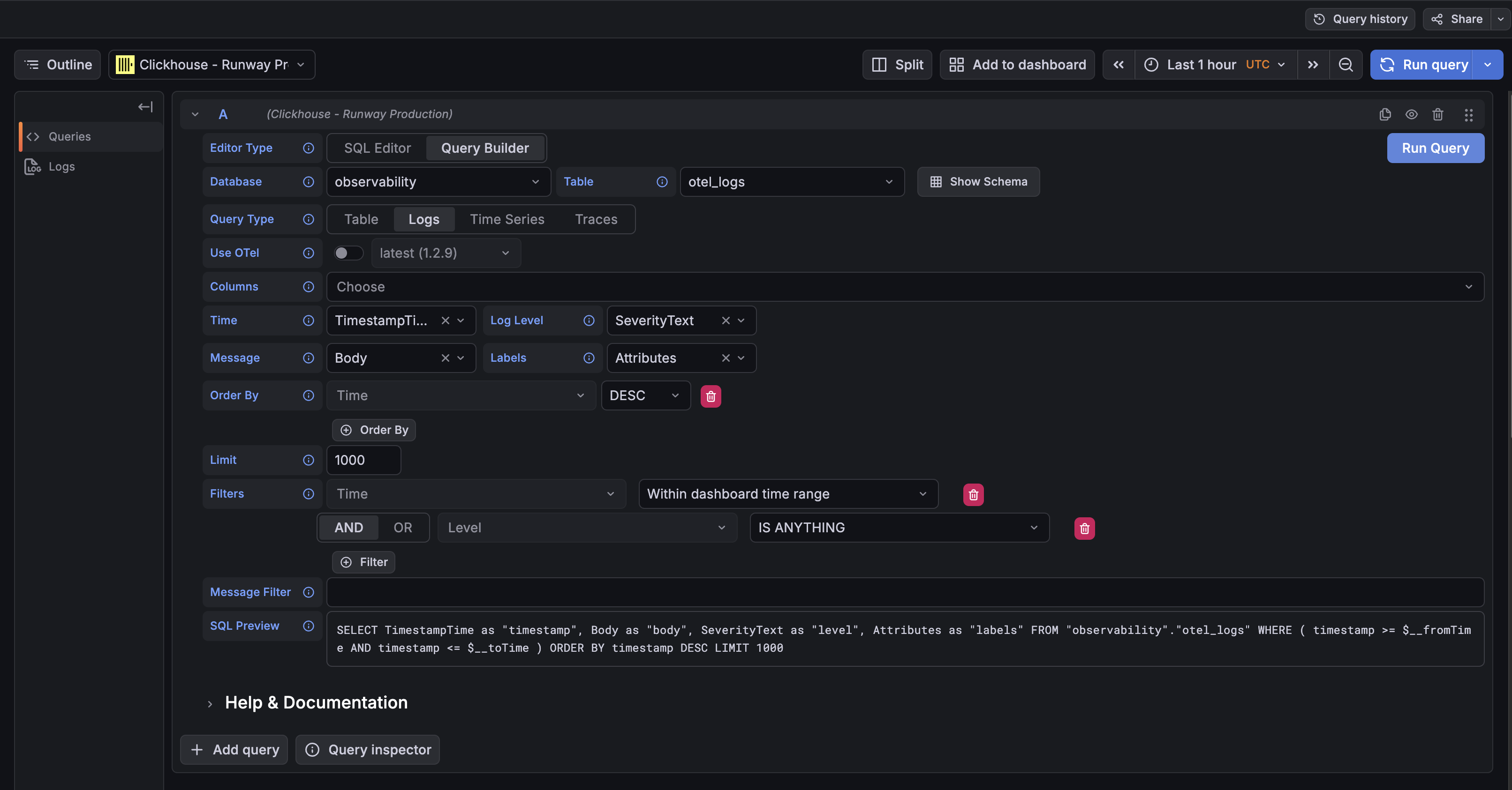 Grafana Logs Explore interface showing ClickHouse logs